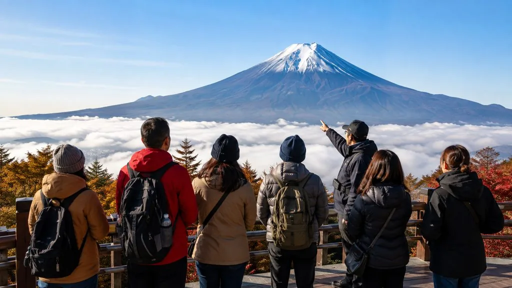 五合目から見下ろすと雲海が広がり、見上げれば山頂へ続く斜面が目に入ります — 富士山の完全な円錐形は、下から眺めるからこそ存在するのです
